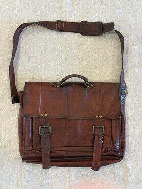 Vintage Distressed Brown Leather Messenger Bag Laptop Satchel Green Canvas Lined